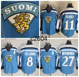 c2604 Mens Vintage 11 SAKU KOIVU 1998 Team Finland Hockey Jerseys 27 TEPPO NUMMINEN 8 TEEMU SELANNE Light Blue Jersey M-XXXL