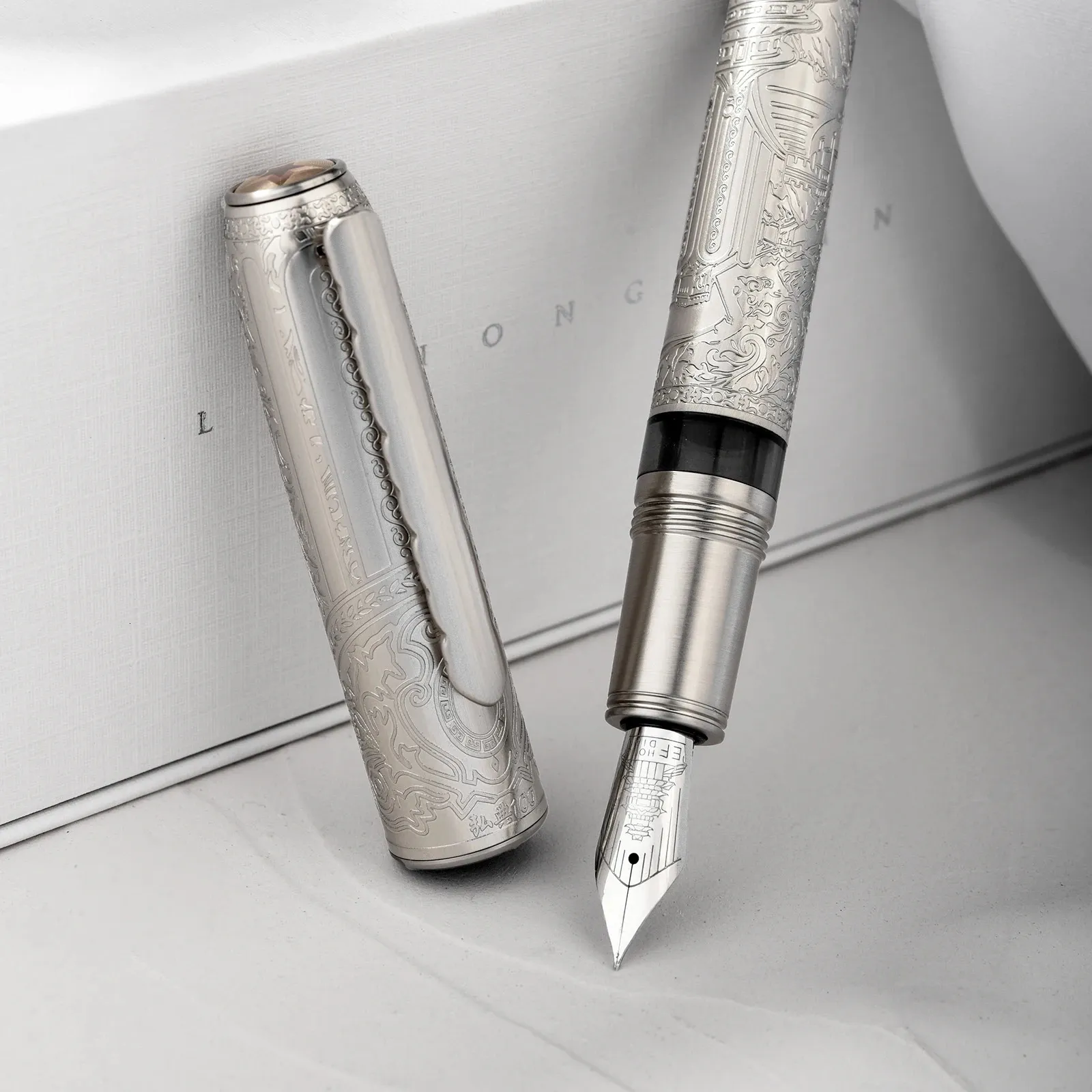 Hongdian 100 EFFMLong Knife Nib Piston Fountain Pen Beautiful Metal Engraving Large Writing Gift Pen 240102