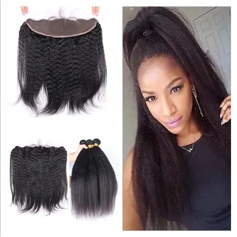 Wefts 9a Moğolca Kinky Düz 13x4 Dantel Frontal Kapatma ile 3 Bundles 4pcs Lot İtalyan Kaba Yaki Bakire İnsan Saçları Fro ile