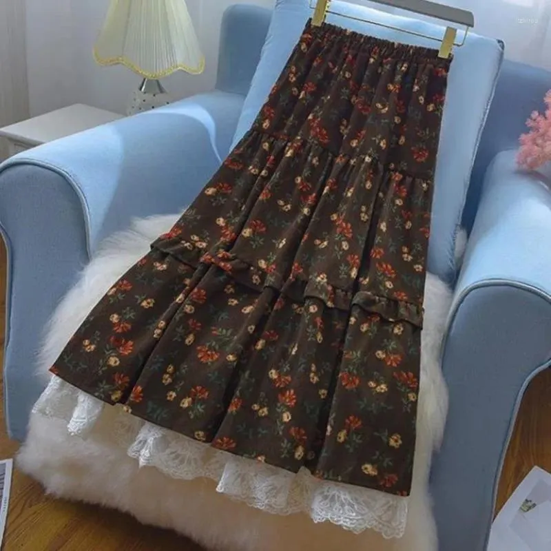 Юбки Японская девушка Юбка-миди с высокой талией и цветочным принтом с кружевными оборками Женская винтажная элегантная вельветовая юбка