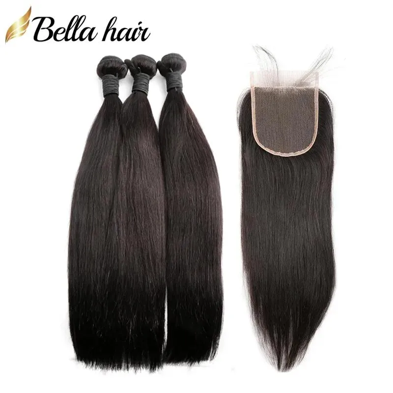 Wefts Top spetsstängning med buntar Indian Virgin Remy Human Hair Extensions Weft 3PCS1PC Lace Stängning 4x4 Gratis del Silkeslen Straight Bell