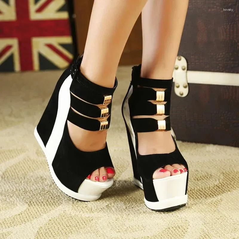 Sandals High Heels Gladiator Woman Metal Decoration Buckle Strap PU 14.5CM Wedges Heel Neutral Dress Summer Women Shoes