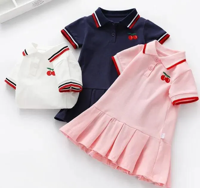 Robes enfants fille dentelle revers col broderie abeille cerise robe à manches courtes enfant élégant été bébé filles vêtements de créateur