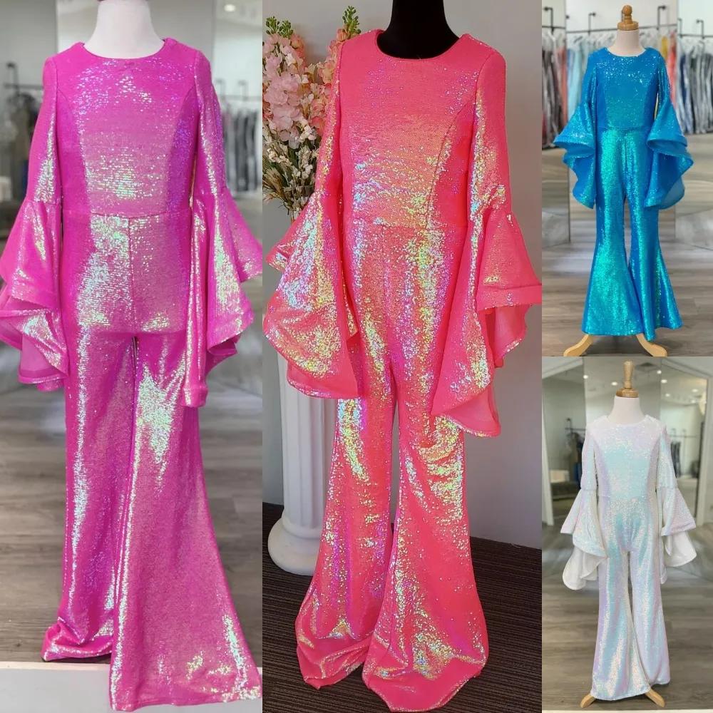 Robe de concours de beauté à paillettes pour fille 2024, barboteuse à manches cloche, longue robe de cocktail, fille de fleur, adolescente, préadolescente, petite Miss Interview, piste de mode amusante, bleu fluo