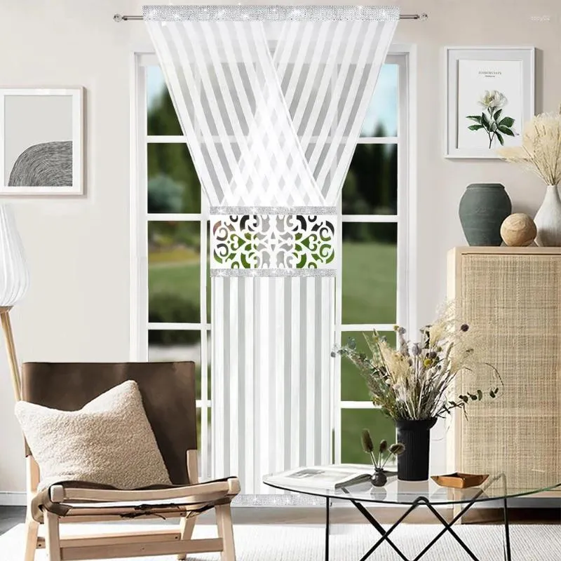 Cortina 1 peça estilo europeu e americano fio branco diamante brilhante esculpido listrado decoração de janela sala de estar quarto