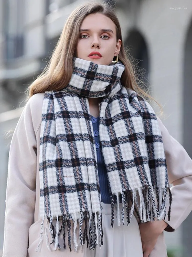 Foulards tricotés rétro écharpe foulard hiver femmes dames hommes preppy plaid chaud écharpe Pashmina Mujer femme mâle Foulard Wrap châle