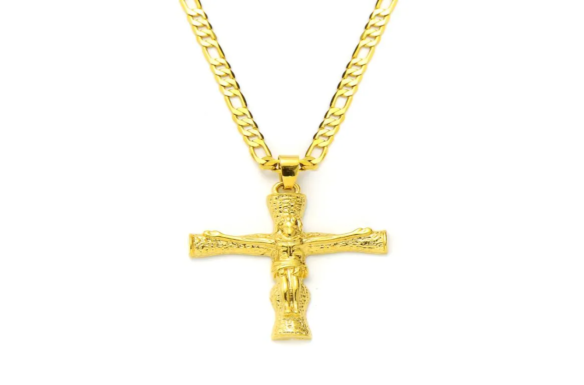 14K Solid Gold GF 3mm italiensk Figaro Link Chain Halsband 24 "Jesus Crucifix Pendant Womens Mens4695178