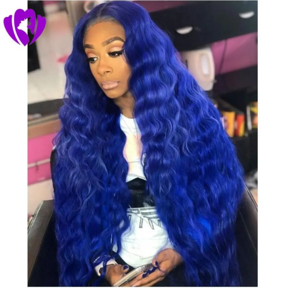 Perruque Lace Front Wig synthétique complète, Body Wave bleue, couleur claire, cheveux naturels, raie frontale, 180 de densité, pour femmes 1796661