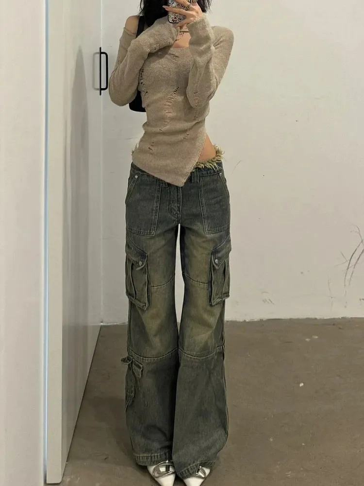 Woman High Waist Jeans Wash Denim Floor-Length Pants Pockets Design Casual Kawaii All-match Design Grunge Japanese Fashion 240102