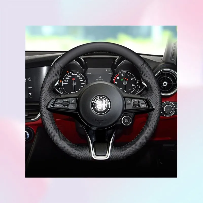 Housse de poignée de volant cousue à la main, en cuir noir, pour Alfa Stelvio Giulia, DIY, 6602240