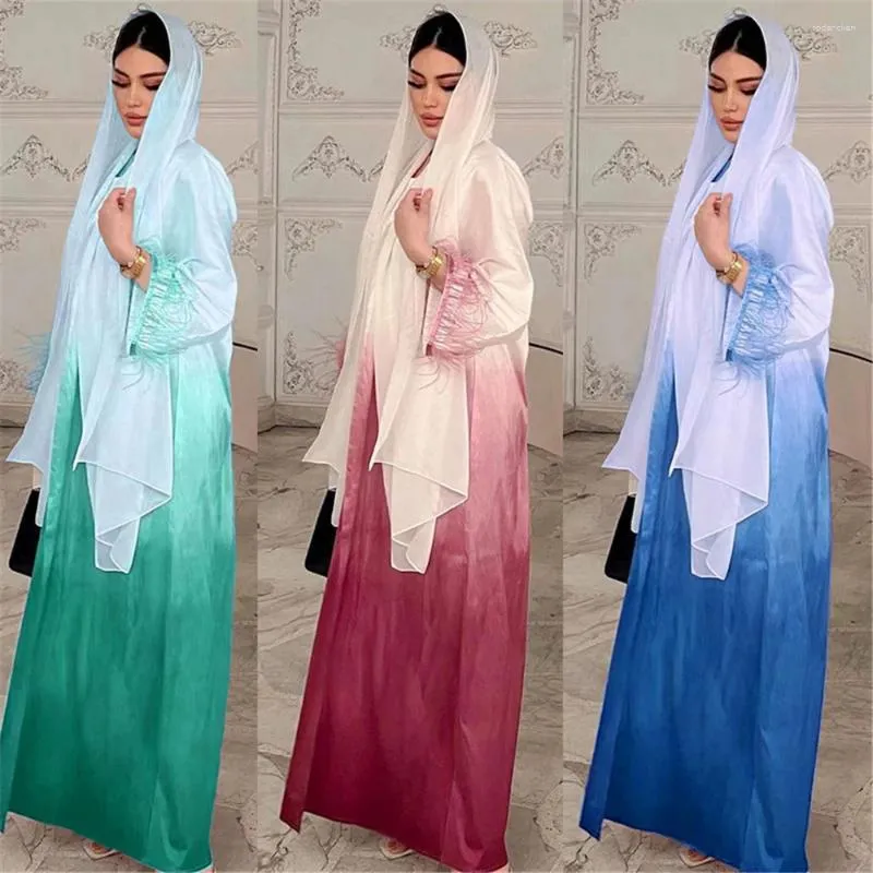 Etnisk klädfjäder Kaftan Kvinnor Muslimska Eid Mubarak Open Abaya Satin Maxi Dress 2 Piece Set Islam Jalabiya Dubai Kimono Caftan Robe