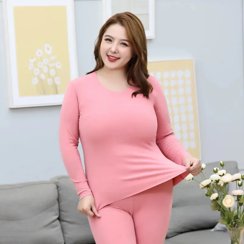 120kgs Wearable Plus Size Women Thermals Underwear Set Autumn Winter Warm German Velvet Self Heating Long Johns Traceless Suit 240103