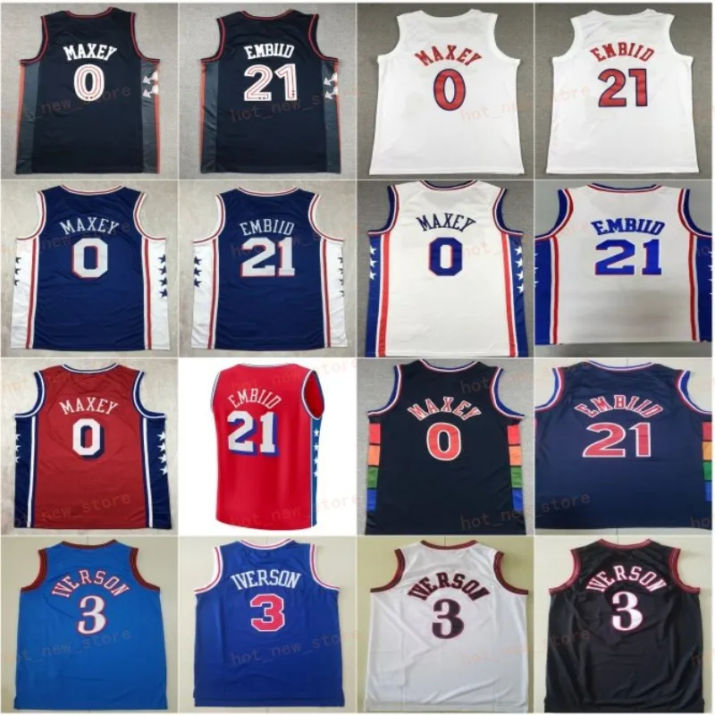 Dikişli Şehir Basketbol Tyrese Maxey Jersey 0 Joel Embiid 21 Iverson Takımı Renkli lacivert Beyaz Kırmızı Siyah Kazanılmış Derneği