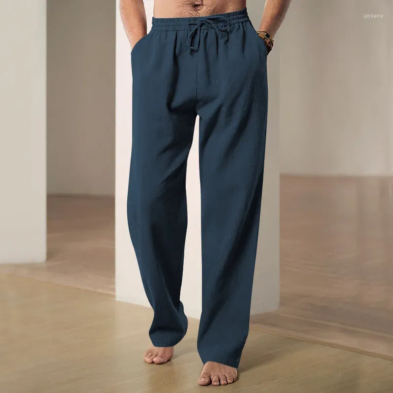 Calças masculinas Slim Fit Business Casual Ice Silk Cor Sólida Corredores Bolso Duplo Design de Cordão Perna Larga Retro Sweatpant