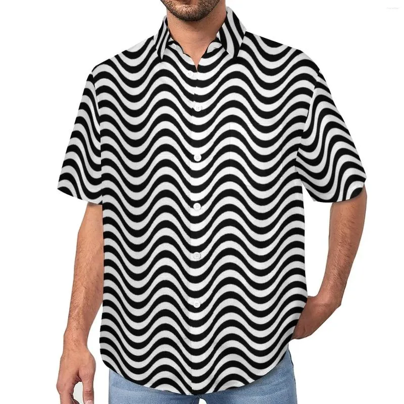 Camicie casual da uomo Camicia da spiaggia a onda in bianco e nero Strisce Camicette hawaiane da uomo Y2K Camicette a maniche corte Abbigliamento grafico Grandi dimensioni