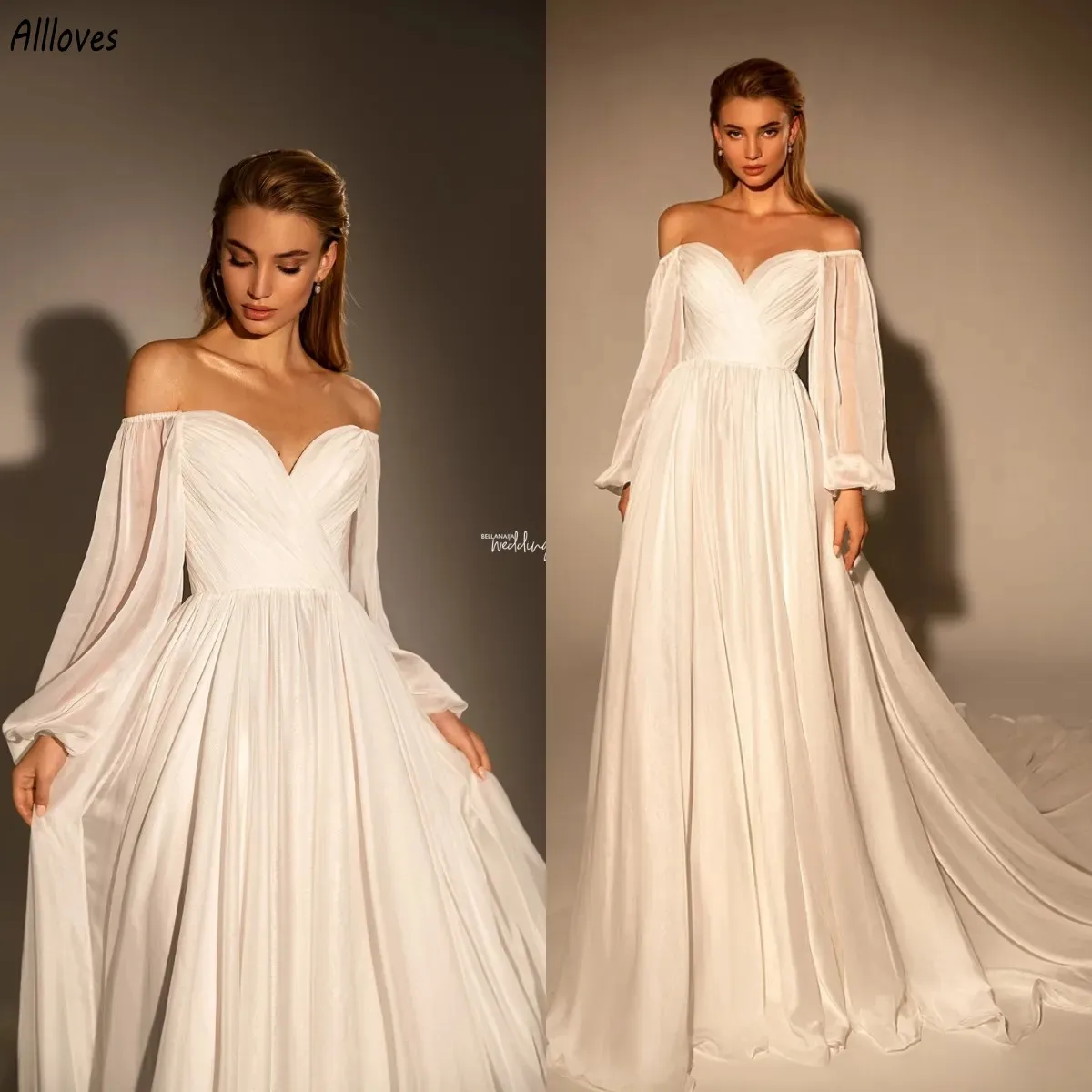 Abiti da sposa eleganti in chiffon avorio A Line per le donne con scollo a V maniche ad aletta in pizzo con perline Boho Beach Abiti da sposa Sweep Train Sexy Open Back Abiti da ricevimento per feste CL2210