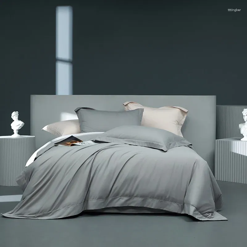 Set di biancheria da letto 1000TC Cotone spazzolato Solido Semplice Grigio Nordic Set Doppio Super King Copripiumino ultra morbido Copripiumino piatto/con angoli Federa