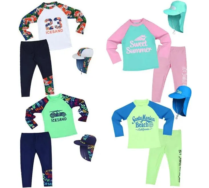 Set kinderen 3 pc's zwempak kinderen babymeisjes badmode jongens lange mouwen surfen dragen badpak baby zandige uitslag bewaker+hoed 210y