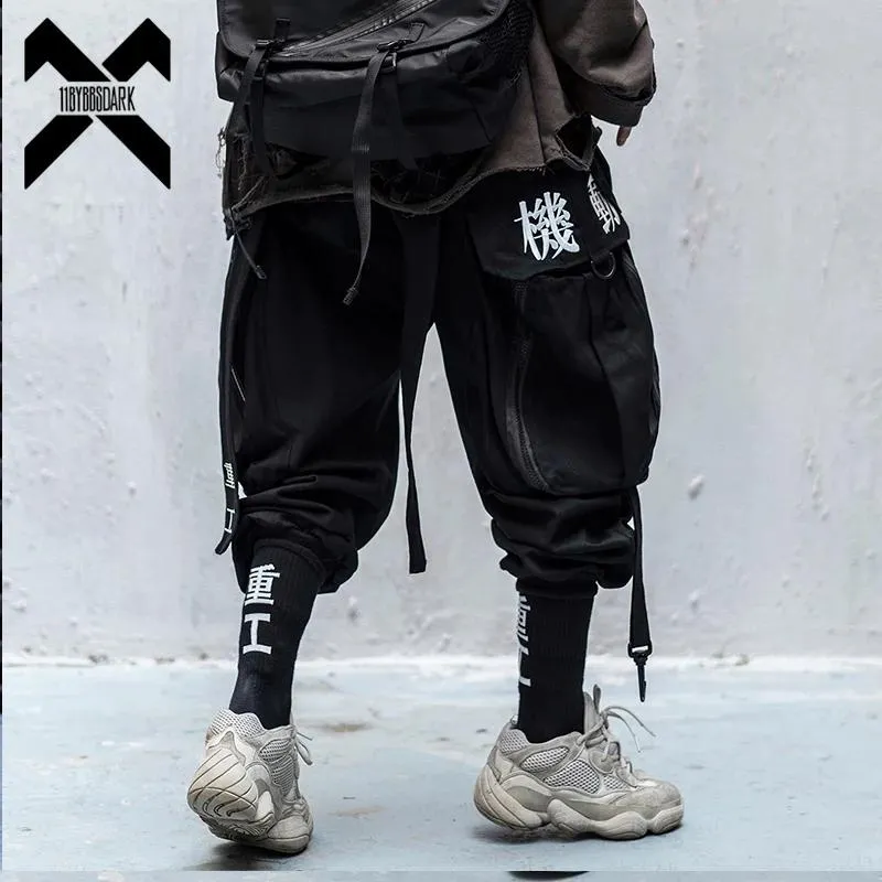 Pants 11 BYBB: s mörka hiphop -lastbyxor Män broderi joggare byxor Elastiska midja Rock Ribbon Streetwear Pant Male Black WX004