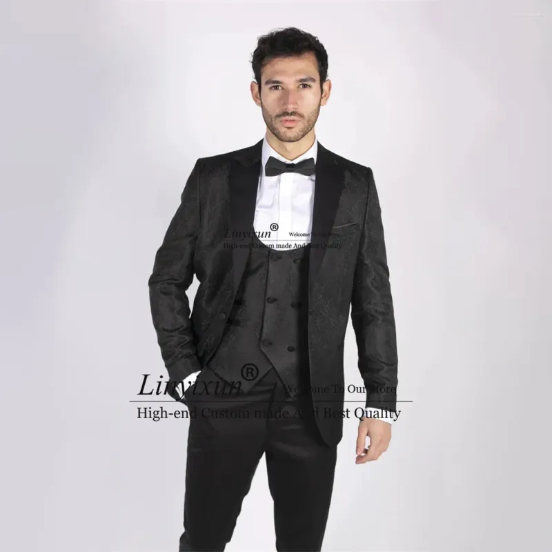 Costumes pour hommes Noir Jacquard Mariage pour hommes 3 pièces Ensembles Tuxedos de marié Business Male Party Blazers Slim Fit Terno Masculino Completo