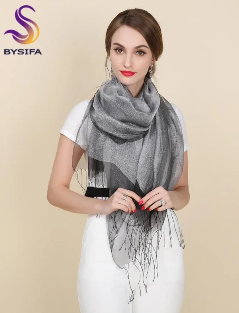 Ny Elegant Organza Silk Scarf Shawl Fashion 100 Mulberry Silk Silver Grey Female Long Scarves Autumn Winter Ladies Tassel Cape S7473341