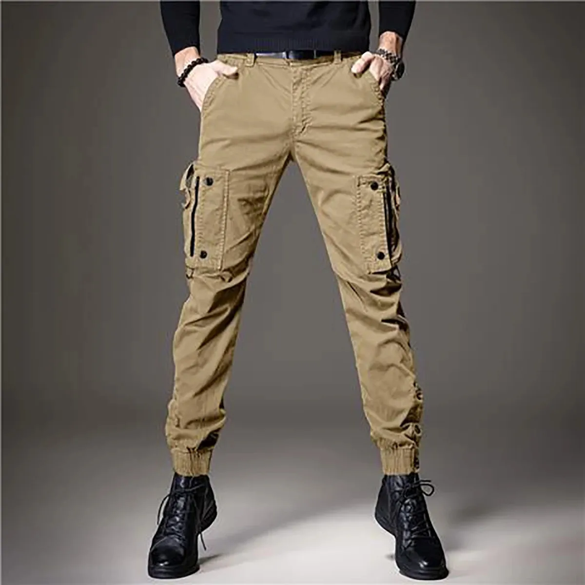 arrive men's light luxury cargo pants outdoors sports tactical pants harem style trendy pants slim-fit casual jeans pants; 240103