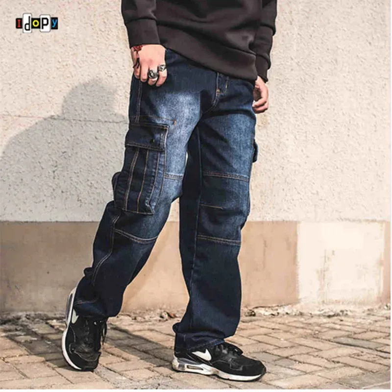 Idopy Fashion Jeans da motociclista da uomo Heavy Duty Multi tasche Stile giapponese Loose Fit Plus Size Pantaloni cargo in denim per pantaloni a vita bassa 240103