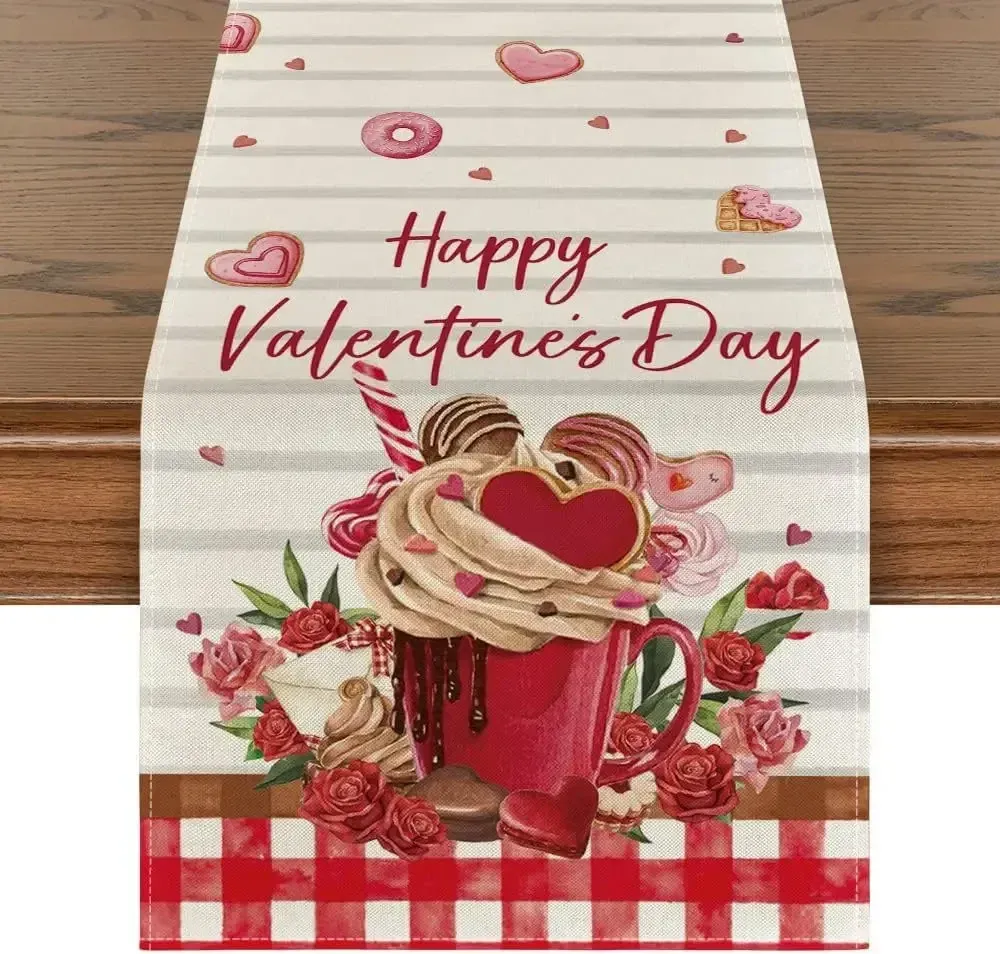 Romentic Loving Heart Rose Table Runner per San Valentino Natale, decorazione da tavolo da pranzo di lino per la festa all'aperto interno