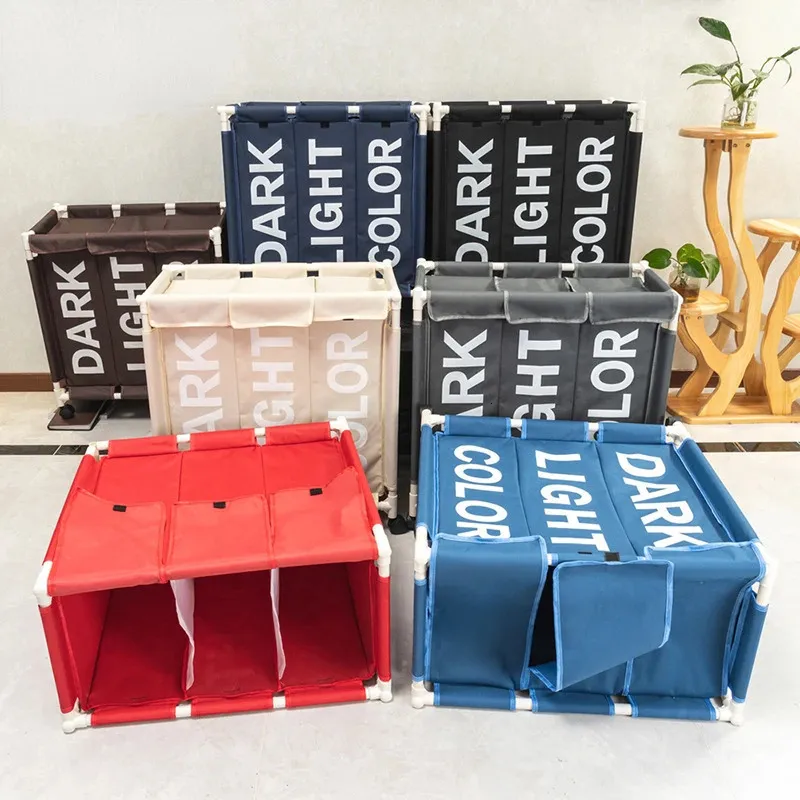 Rolling Laundry Basket Organizer 3 Grid Large Laundry Hamper Bin Waterproof Laundry Bags For Dirty Clothes Storage Box On Wheels 240103