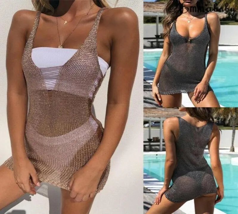 Sexy Hollow Out Korte Women039s Strand Bikini Cover Up Seethrough Mesh Jurk Badpak Sarongs6607856