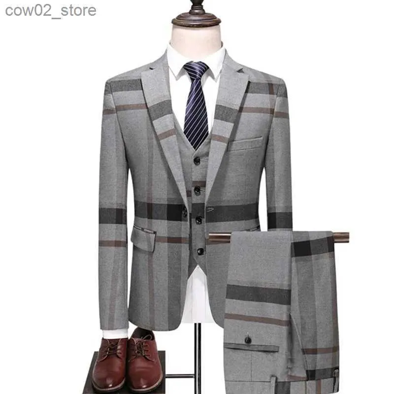 Men's Suits Blazers Men's Wedding Plaid Blue Gray Blazers Jacket Pants Vest 3 Pcs Set 2023 Slim Fit Business Tuxedo Dress Classic Formal Suits Coat Q230103