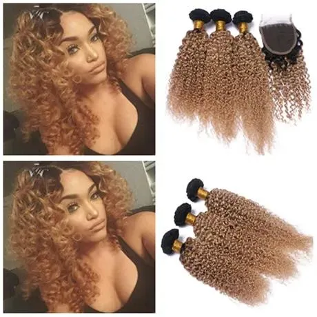 Trames Kinky Bouclés Brun Clair Ombre 4x4 Fermeture En Dentelle Avec 3 Faisceaux Deux Tons 1B / 27 Miel Blonde Péruvienne Cheveux Humains Tisse Avec Fermeture