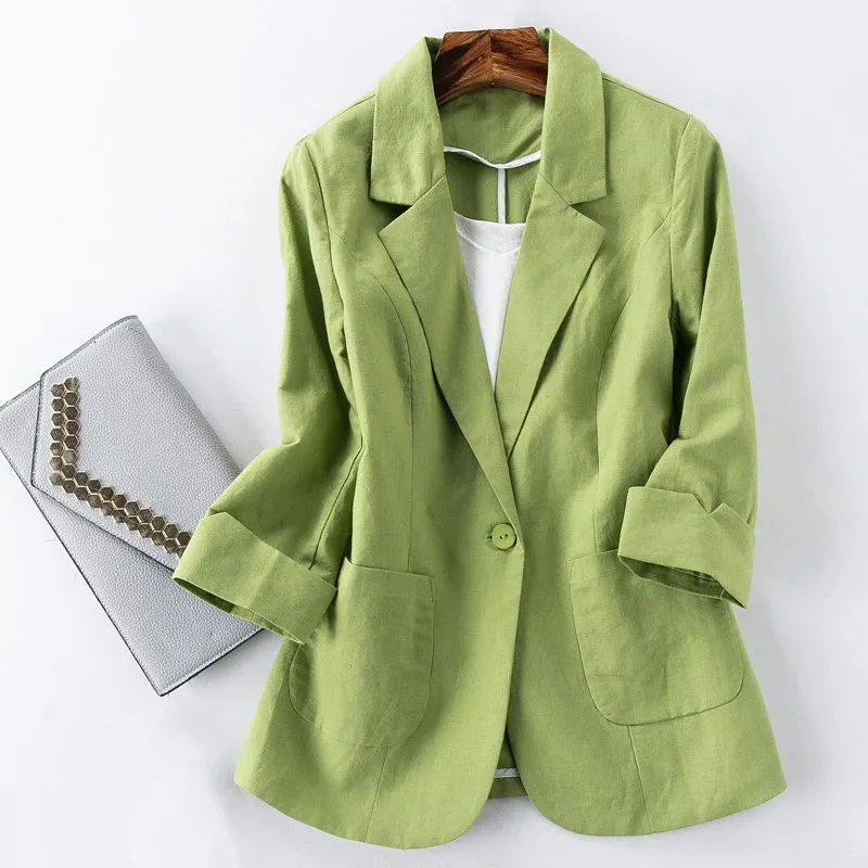 コットンリネンブレザージャケット女性サマーアウトウェア高品質のソリッドシングルボタンノッチ付きブレザースーツ3クォータースリーブトップ240102