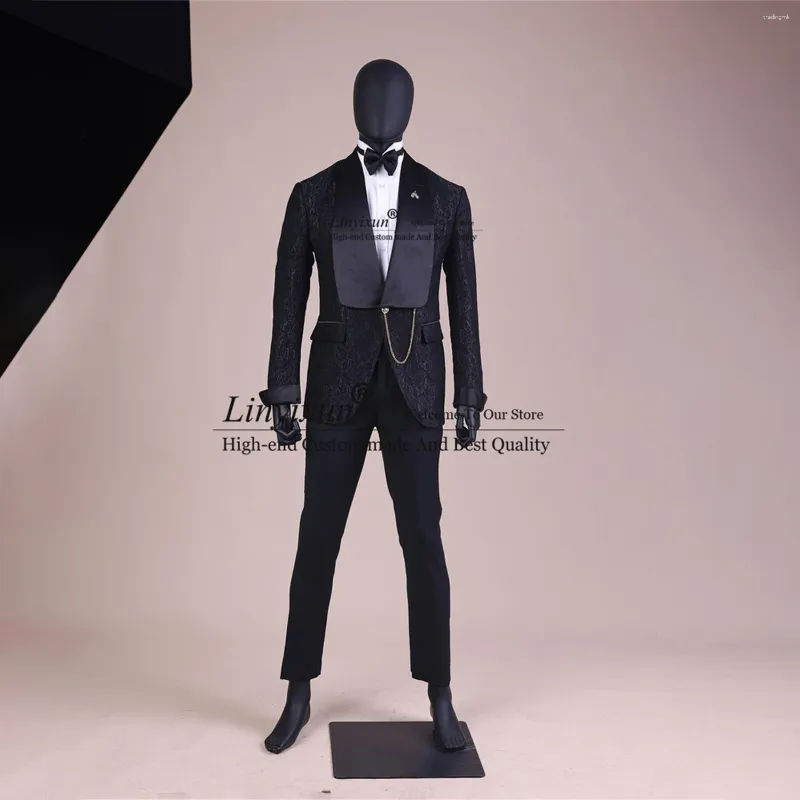 Men's Suits Black Jacquard Men For Wedding 2 Pieces Sets Groom Tuxedos Wide Shawl Lapel Male Dinner Prom Party Blazers Costume Homme