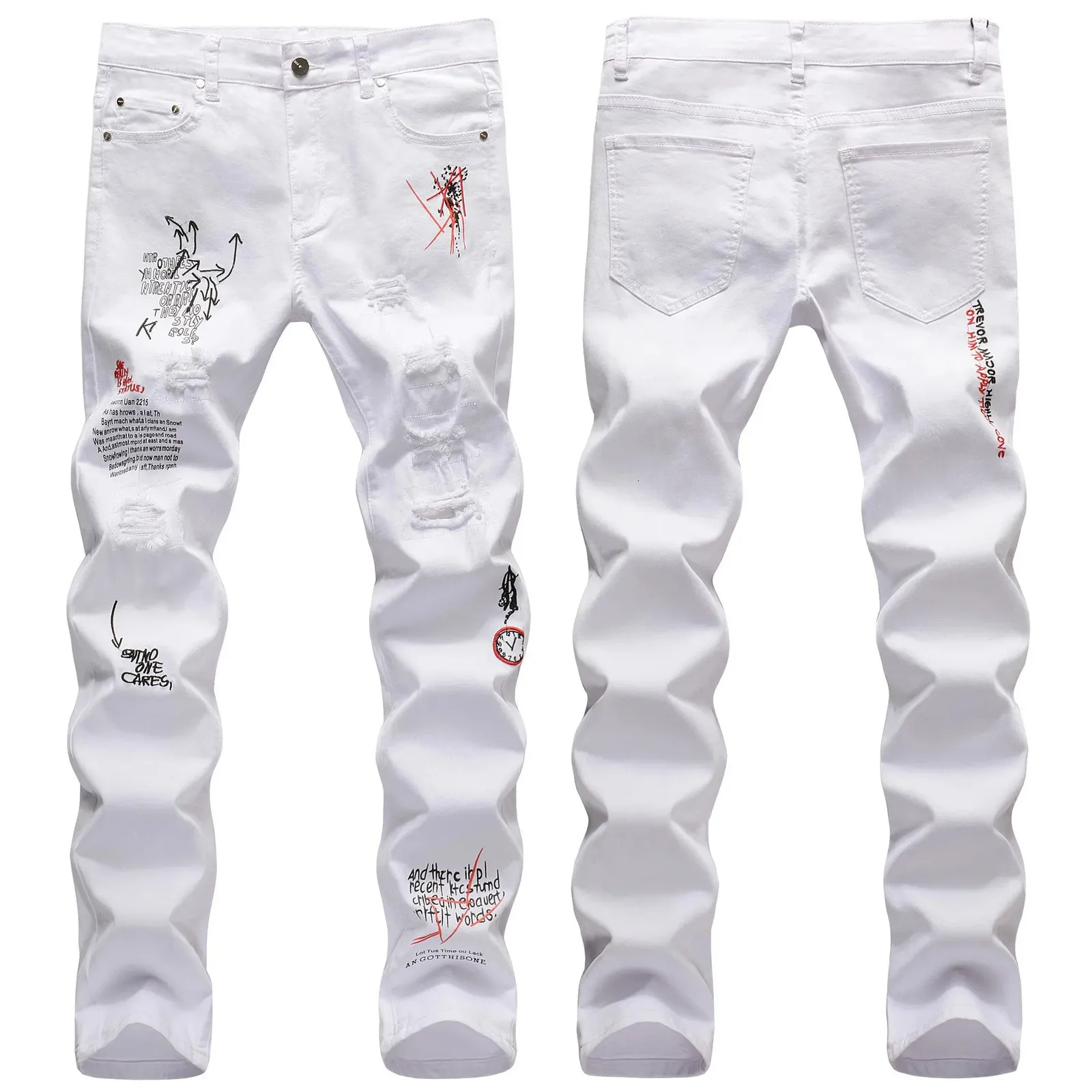 男性のヒップホップユースストリートジーンズファッションカジュアルスタイルメンデニムパンツグラフィティアートリッピングカーゴジーンズホワイト240103