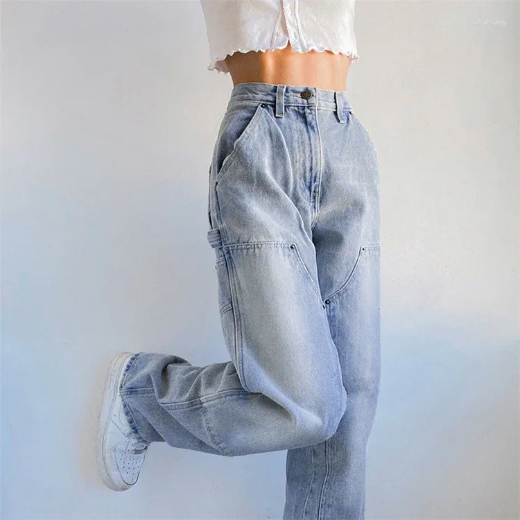 Женские джинсы, винтажные мешковатые женские уличные брюки 90-х с карманами, широкие брюки-карго с низкой талией, прямые джинсовые брюки