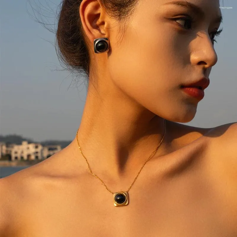 Necklace Earrings Set Minimalist Stainless Steel Metal Square Inlay Black Agate Earrings/Pendant 18K Gold PVD Plated Waterproof Jewelry