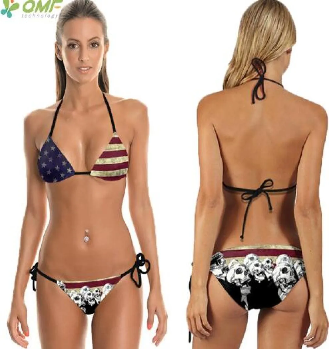 Vintage USA Flagge Bikini Set Bandage Badeanzüge Harajuku Schädel Badeanzug Damen Push Up Brasilianische Bademode Rote Streifen Print3467612