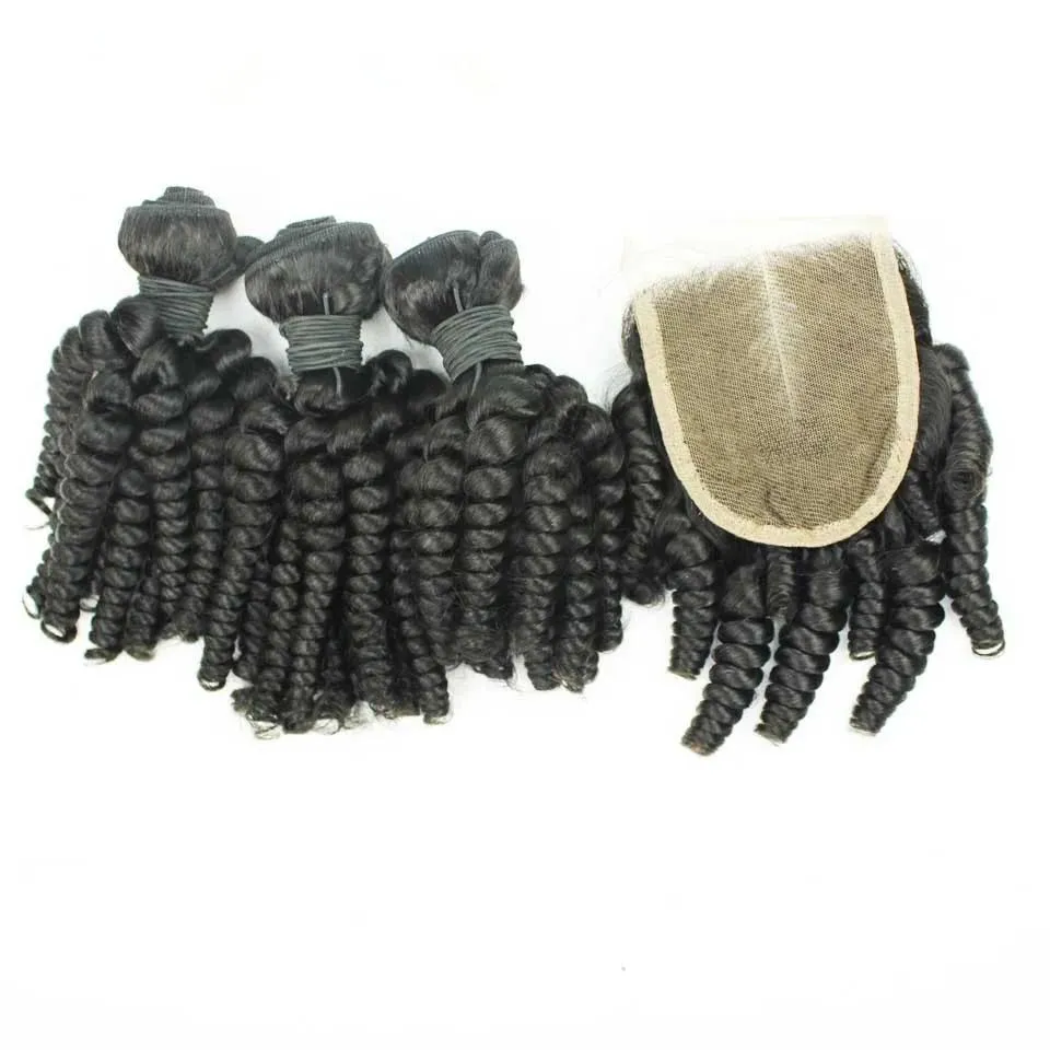 Wefts 9a Bakire Perulu Funmi Saç 3Bundles 1 PC 4X4 Dantel Kapatma 4pcs Lot Peru Teyze Funmi İnsan Saç Kapanış Romantik Cur