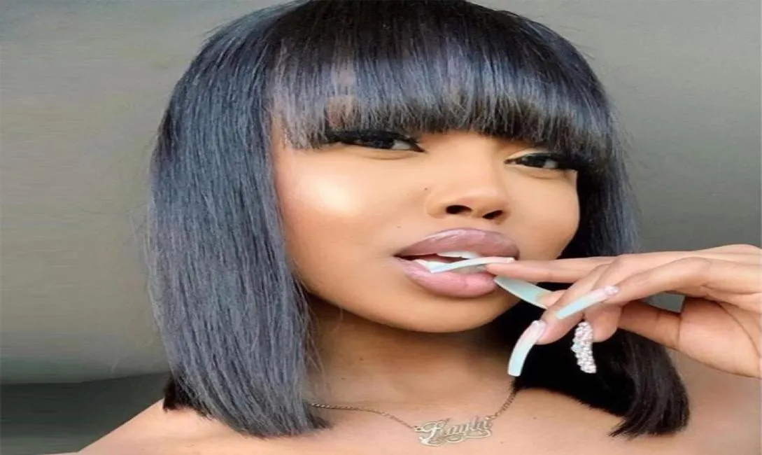 Brazilian Short Bob Wig With Bangs Human Hair Wigs For Black Women Straight Lace Closure Wig Machine Wigs2706111