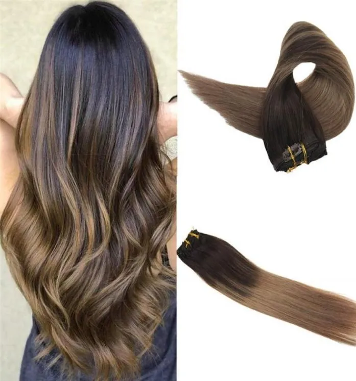 Clip Ins Hair Extensions Kolor Brown Fading to Jasn Brown Ombre przedłużenia Remy Human Hair na Real6914840