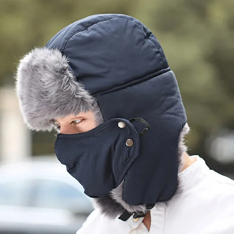 防風ビーニー帽子男性女性冬の太いぬいぐるみ帽子ushankaロシアのキャップ付きマスク取り外し可能なイヤーフラップパイロット240103