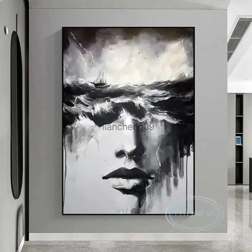 Obrazy Wysokiej jakości ręcznie robiony obraz olejny czarny biały abstrakcyjna sztuka figurka dekoracje ścienne plakat nowoczesny luksusowy dom estetyki duży mural l23