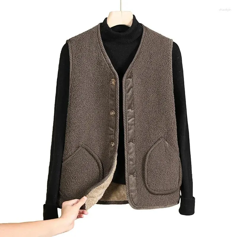 Gilets pour femmes gilet manteau ajouter velours rembourré automne hiver veste sans manches gilet-comme agneau cachemire gilet mère hauts femme