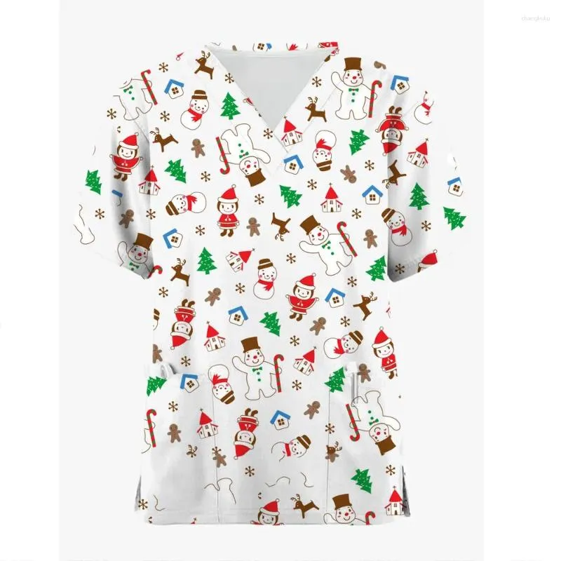 Women's T Shirts Christmas Scrubs Tops Women Uniform Santa Claus Print V-neck Healthcare Spa T-shirt Blouse