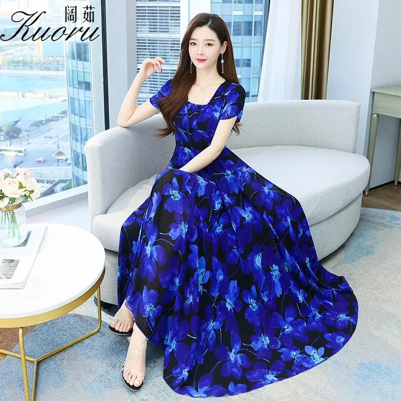 ドレスドレス女性2022年夏のヴィンテージシフォンvneck blue vestido floral boho vestiti donna eleganti半袖ベスティドスラーゴス