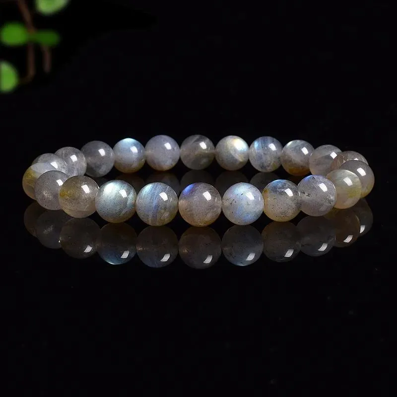 Rings Natural Grey Labradorite Bracelets Flash Smooth Spectrolite Moonstone Round Elastic Beads Bracelet Genuine Natural Stone Jewelry