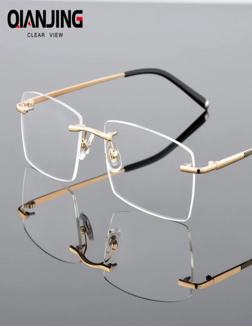 QianJing Alloy Rimless Optical Eyeglasses Rimless Spectacle Frame Men Gents Frameless Clear Glasses Gold Prescription Eyewear8982354