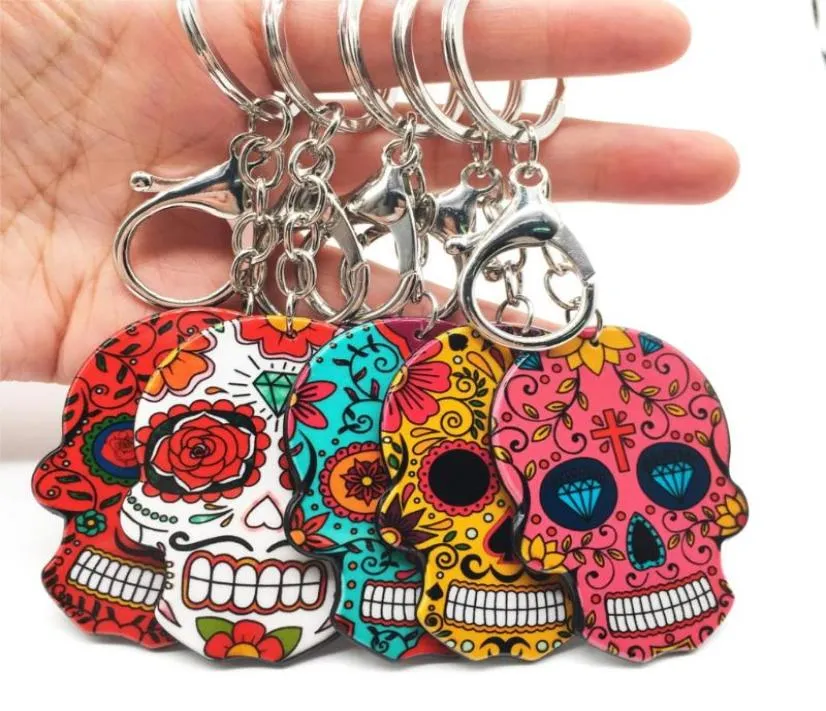 Nyckelringar Skull Nyckelring Calavera Mexikansk söt söt socker Big hummer Key Chain Keyring Halloween Akryl Ring Bag Charms4899466