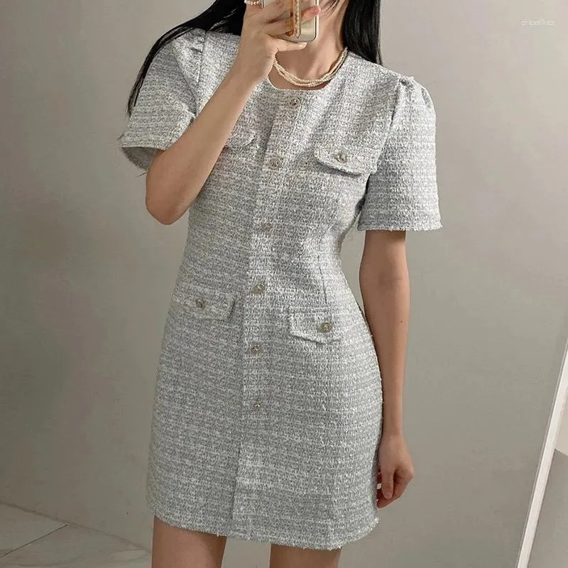 Casual Dresses Fashion Chic Spring Lady O Neck Midje Slim Puff Short Sleeve A-Line Plaid Tweed Dress Women Mini Vestido Pink 2024